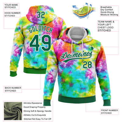 Custom Stitched Tie Dye Kelly Green-White 3D Sports Pullover Sweatshirt Hoodie