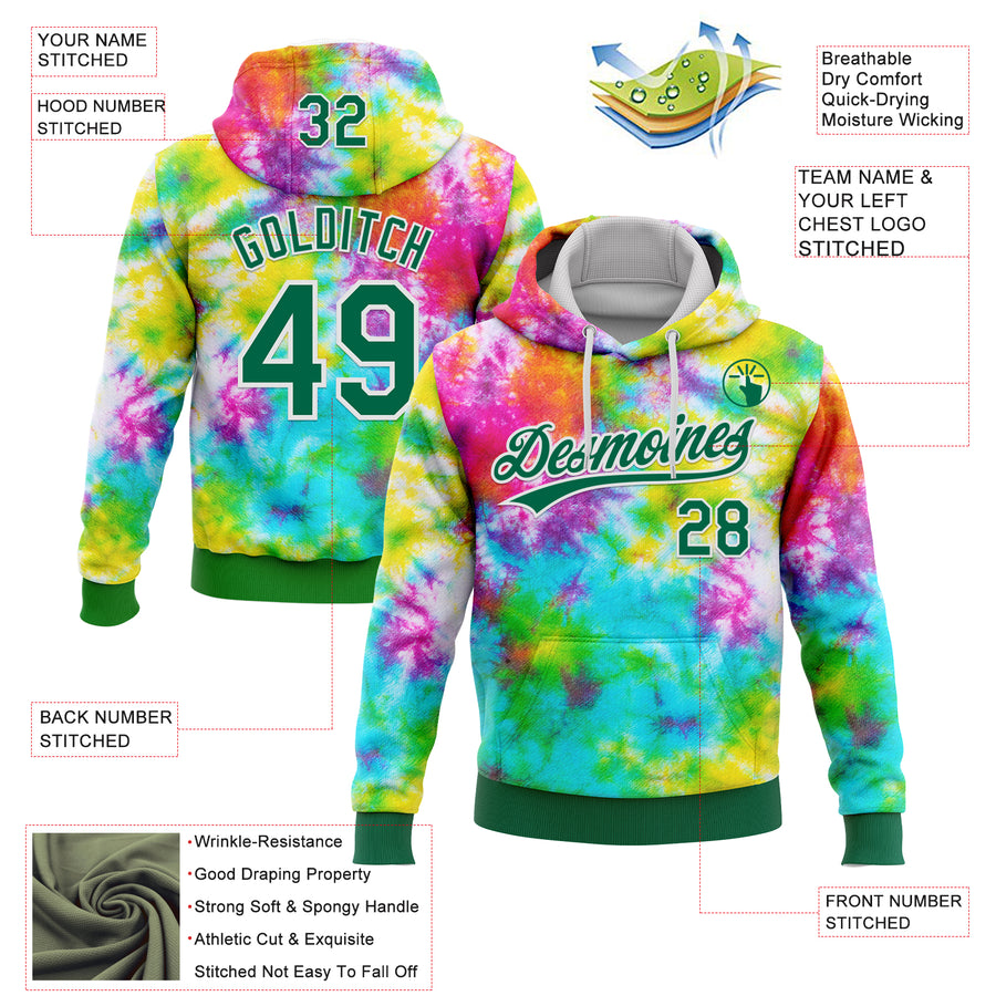Custom Stitched Tie Dye Kelly Green-White 3D Sports Pullover Sweatshirt Hoodie