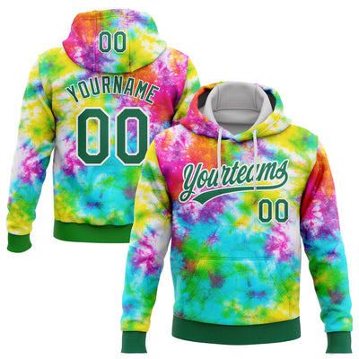Custom Stitched Tie Dye Kelly Green-White 3D Sports Pullover Sweatshirt Hoodie