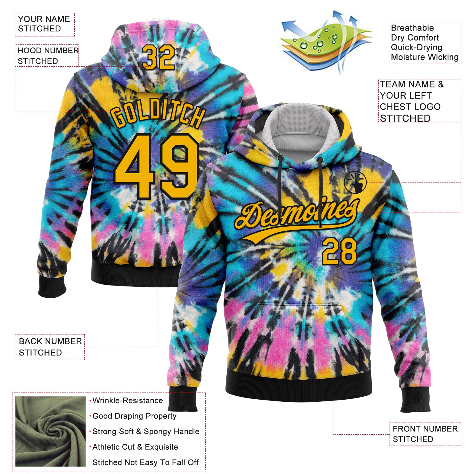 Custom Stitched Tie Dye Gold-Black 3D Sports Pullover Sweatshirt Hoodie