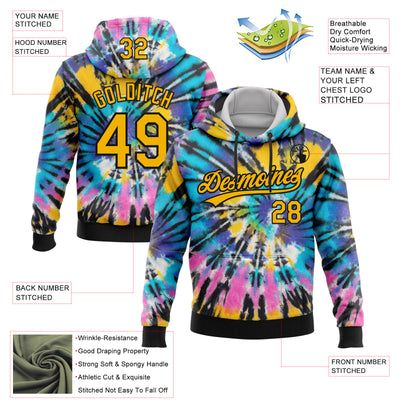 Custom Stitched Tie Dye Gold-Black 3D Sports Pullover Sweatshirt Hoodie