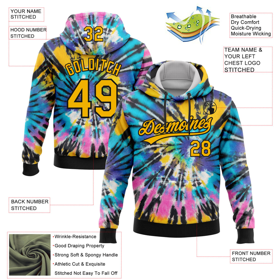 Custom Stitched Tie Dye Gold-Black 3D Sports Pullover Sweatshirt Hoodie
