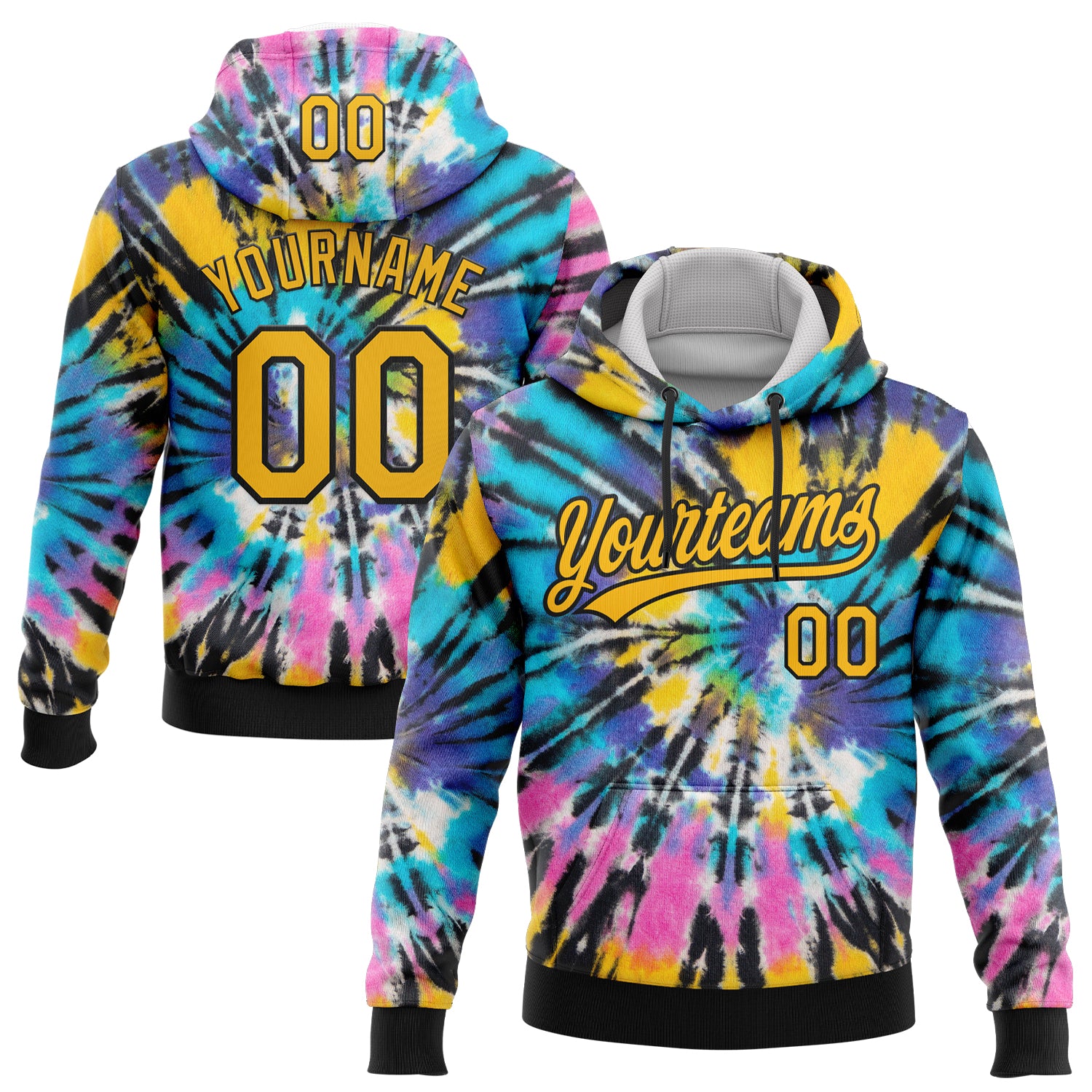 Custom Stitched Tie Dye Gold-Black 3D Sports Pullover Sweatshirt Hoodie