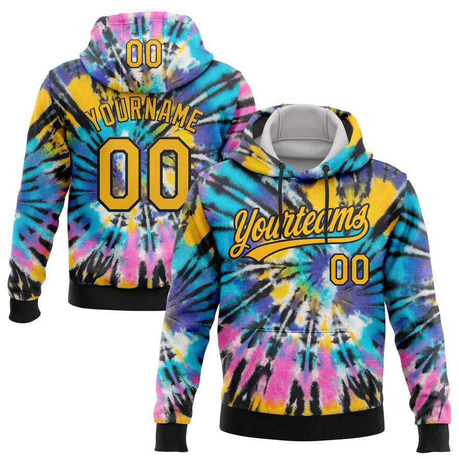 Custom Stitched Tie Dye Gold-Black 3D Sports Pullover Sweatshirt Hoodie