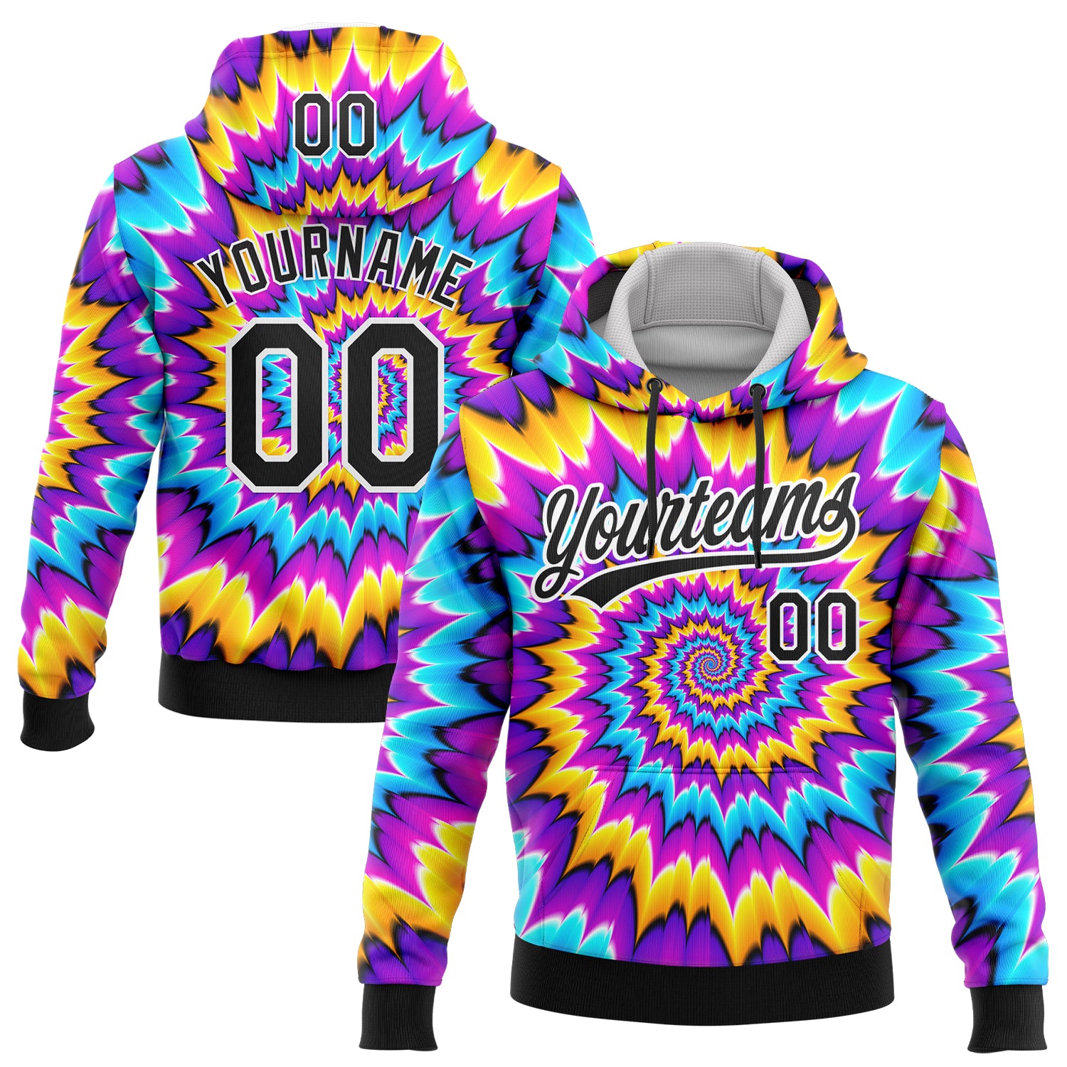Custom Stitched Tie Dye Black-White 3D Sports Pullover Sweatshirt Hoodie
