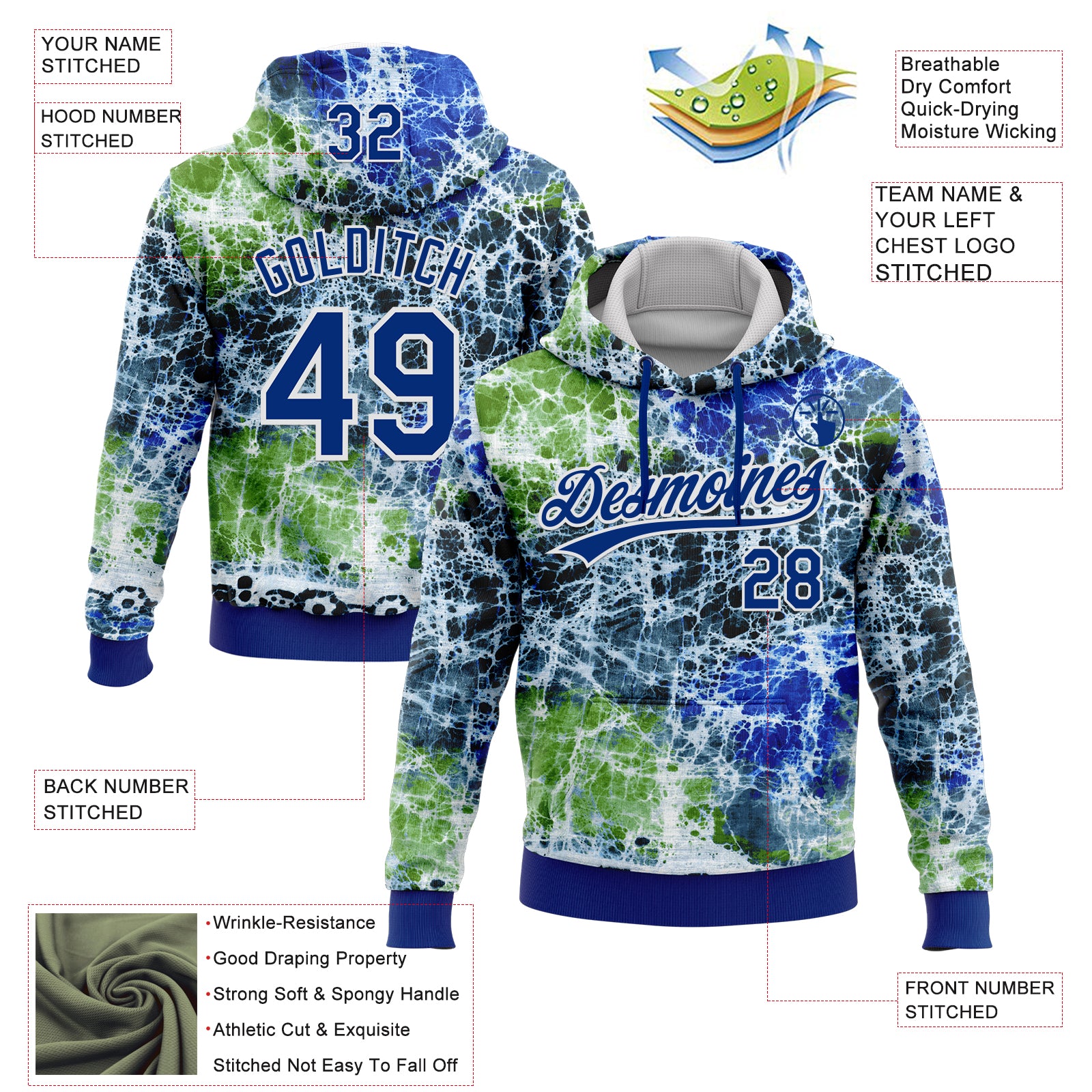 Custom Stitched Tie Dye Royal-White 3D Sports Pullover Sweatshirt Hoodie