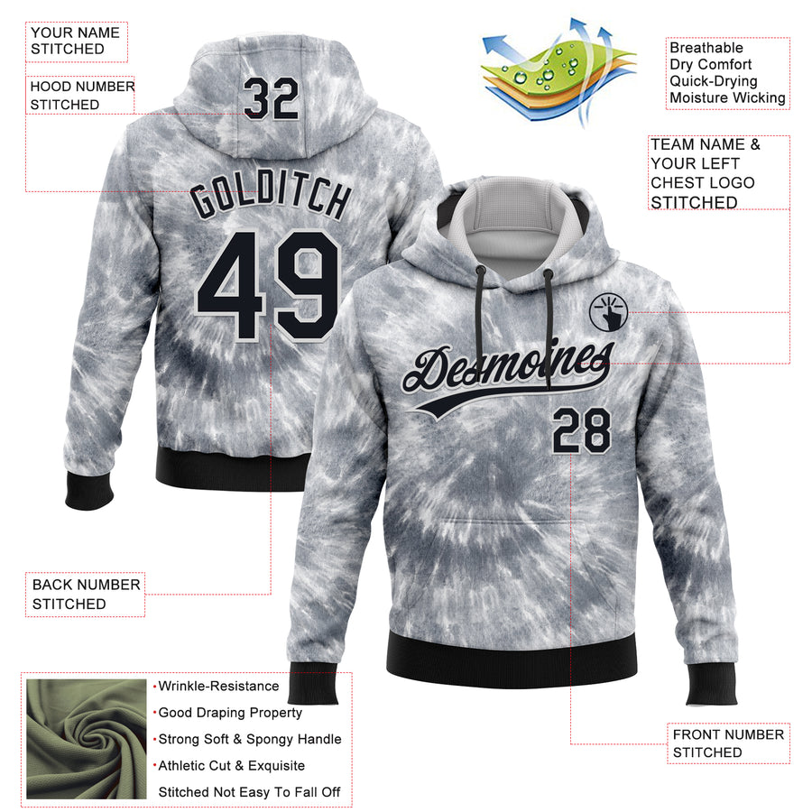 Custom Stitched Tie Dye Black-White 3D Sports Pullover Sweatshirt Hoodie