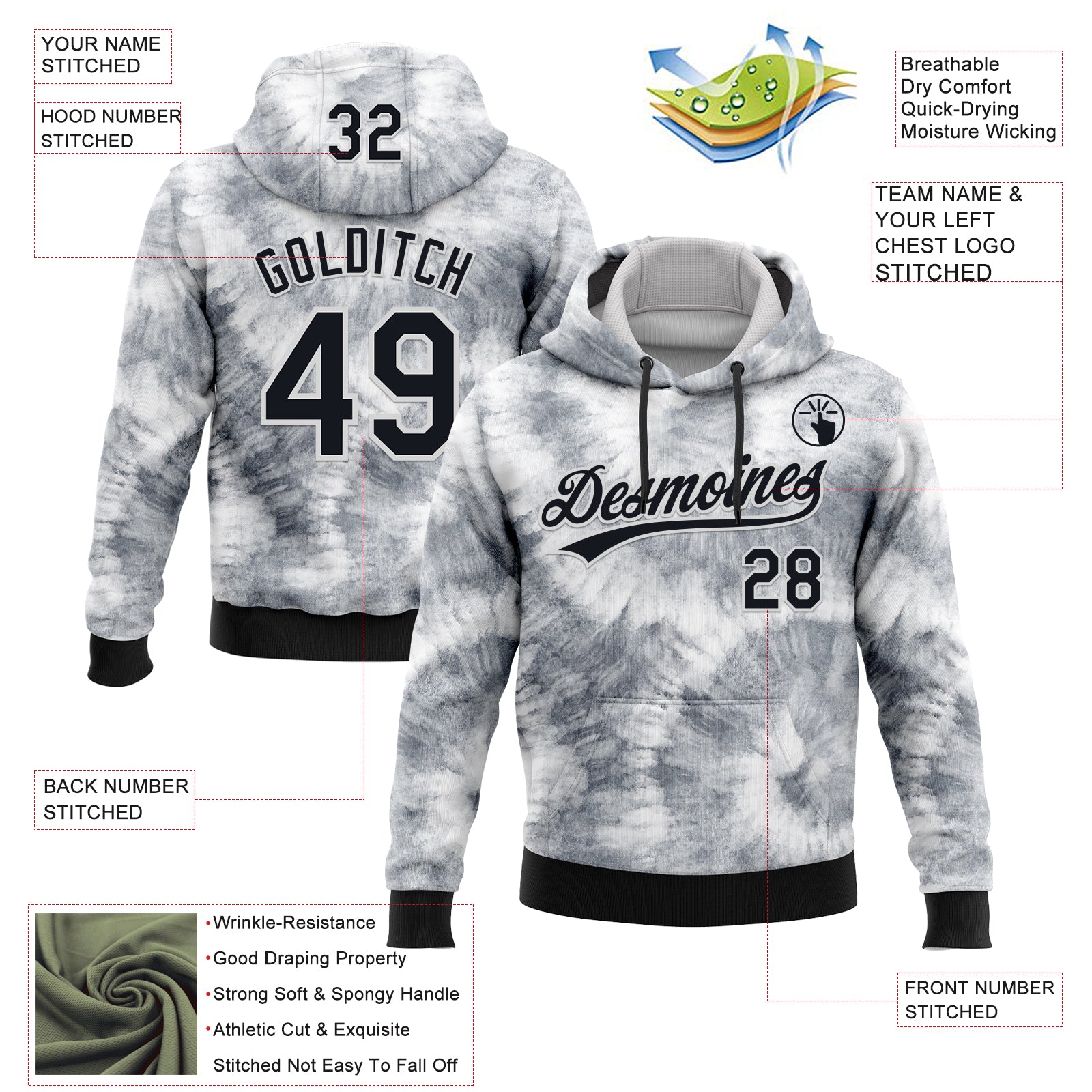 Custom Stitched Tie Dye Black-White 3D Sports Pullover Sweatshirt Hoodie