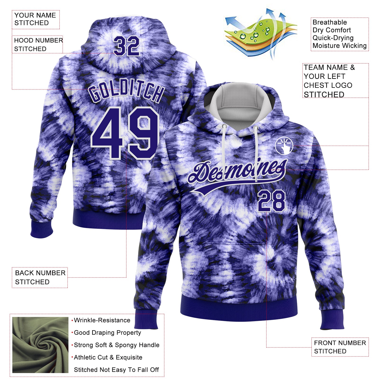 Custom Stitched Tie Dye Dark Purple-White 3D Sports Pullover Sweatshirt Hoodie