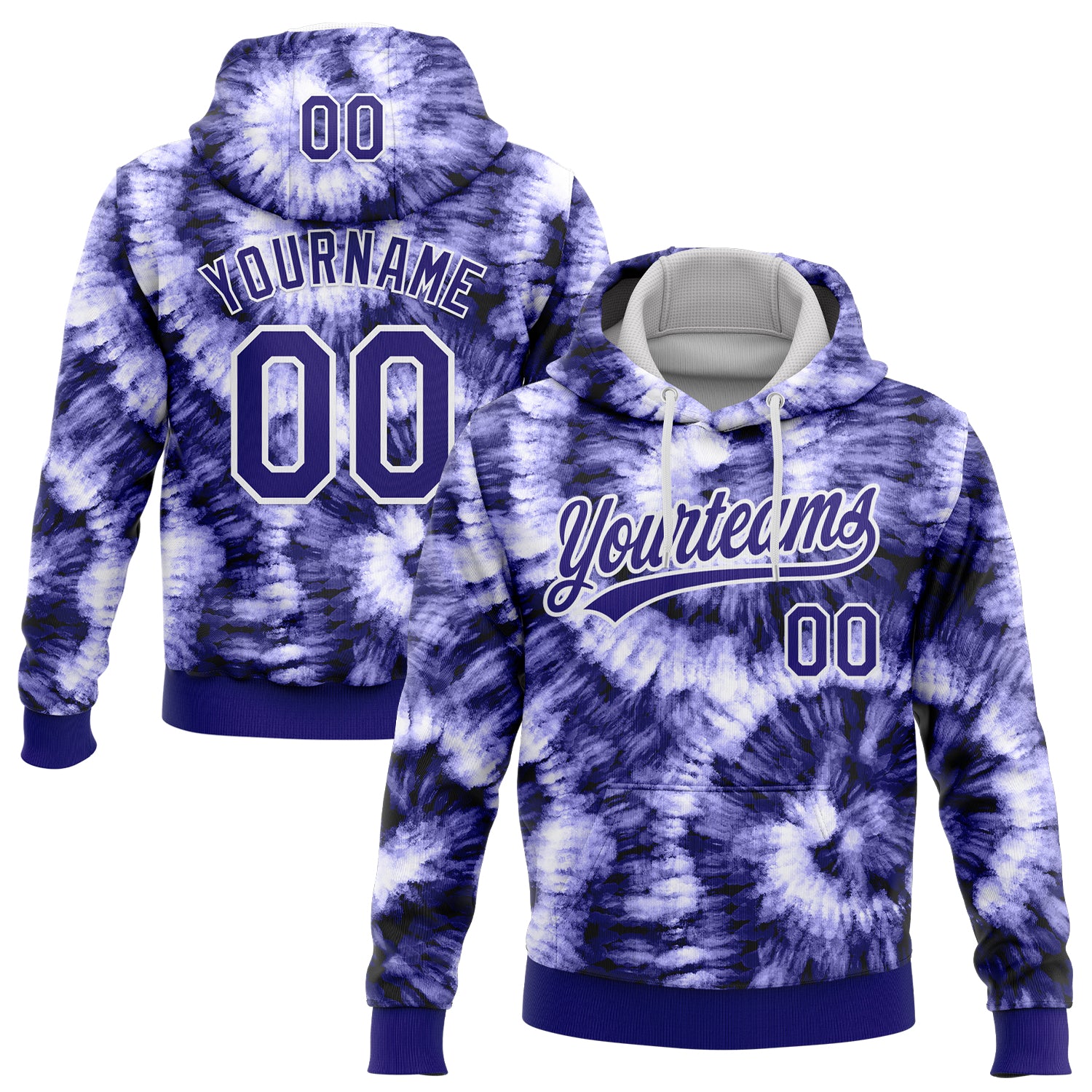 Custom Stitched Tie Dye Dark Purple-White 3D Sports Pullover Sweatshirt Hoodie