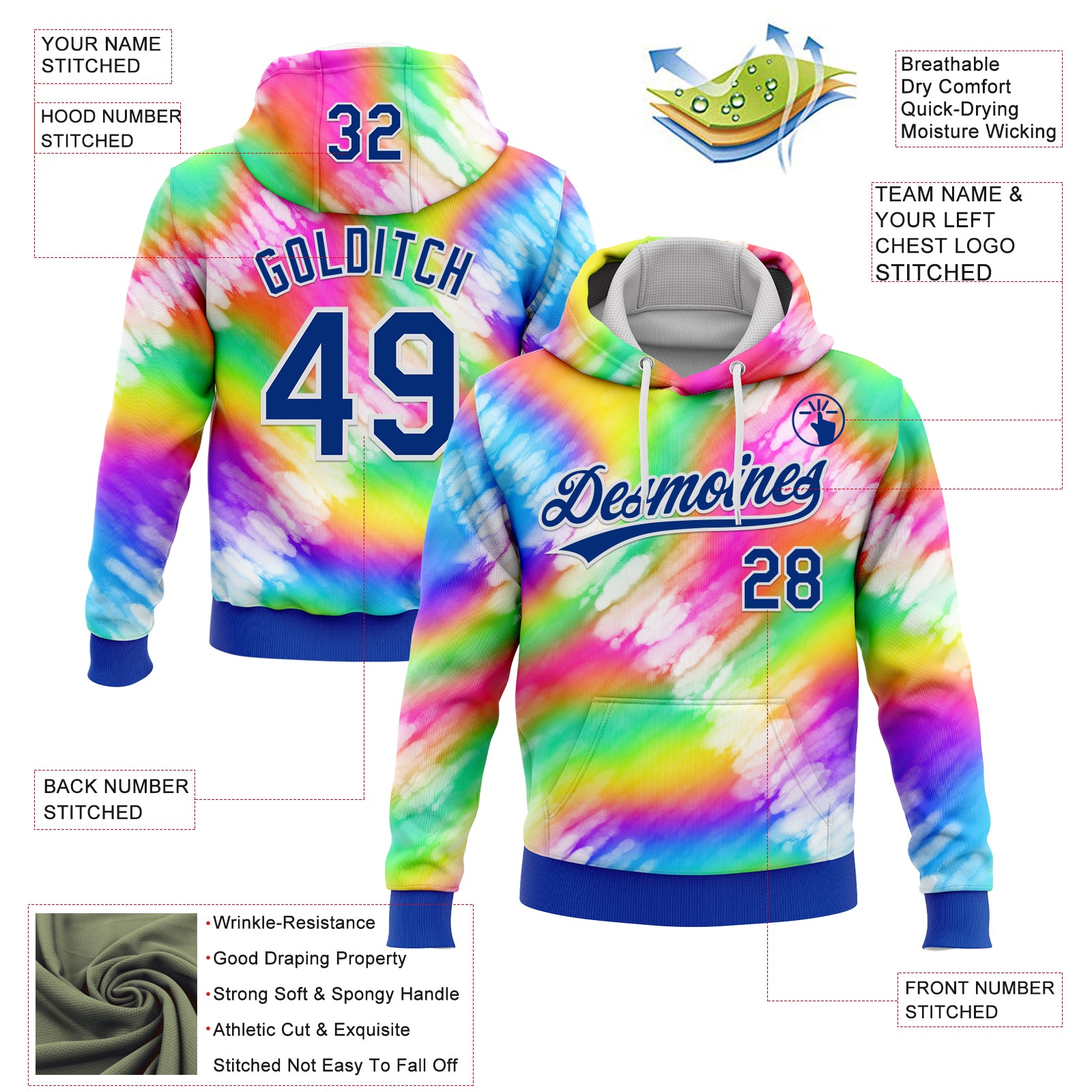 Custom Stitched Tie Dye Thunder Blue-White 3D Sports Pullover Sweatshirt Hoodie