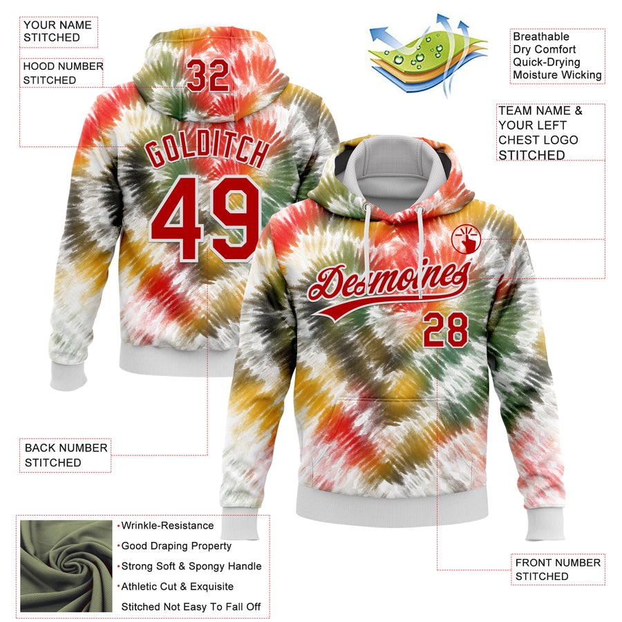 Custom Stitched Tie Dye Red-White 3D Sports Pullover Sweatshirt Hoodie