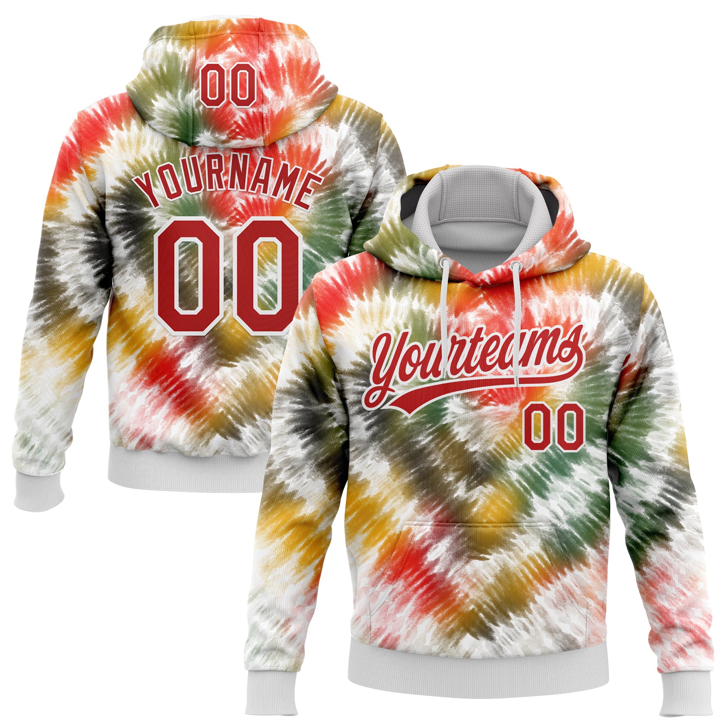 Custom Stitched Tie Dye Red-White 3D Sports Pullover Sweatshirt Hoodie