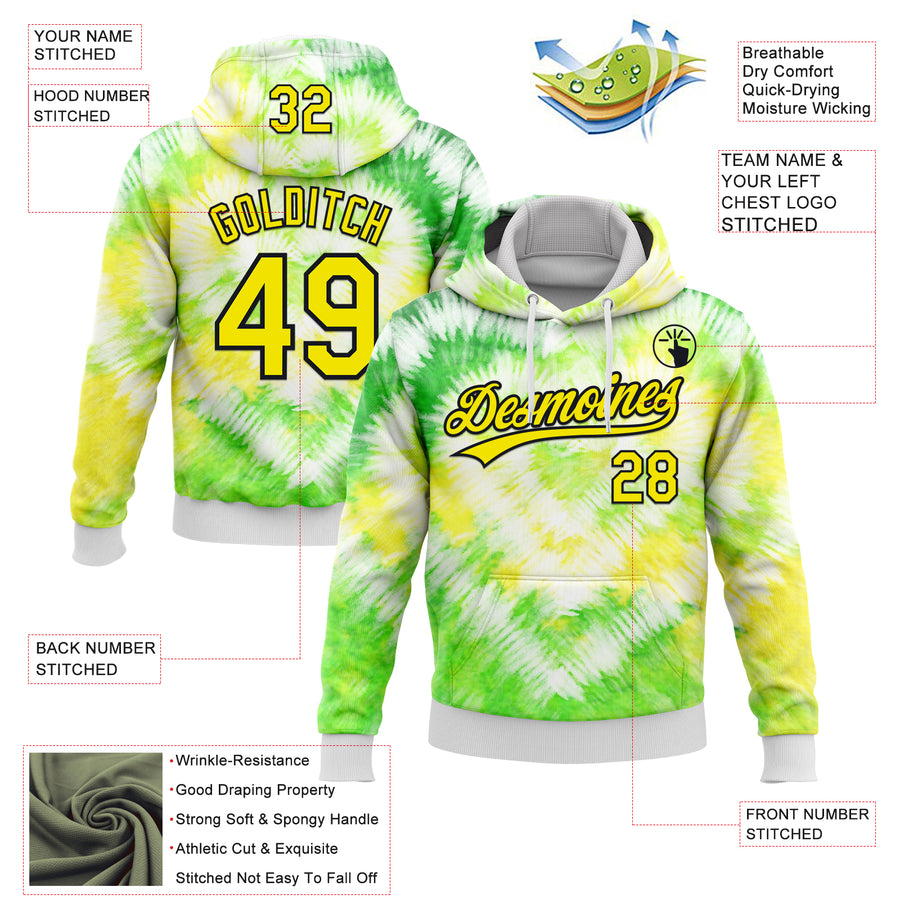 Custom Stitched Tie Dye Light Yellow-Black 3D Sports Pullover Sweatshirt Hoodie