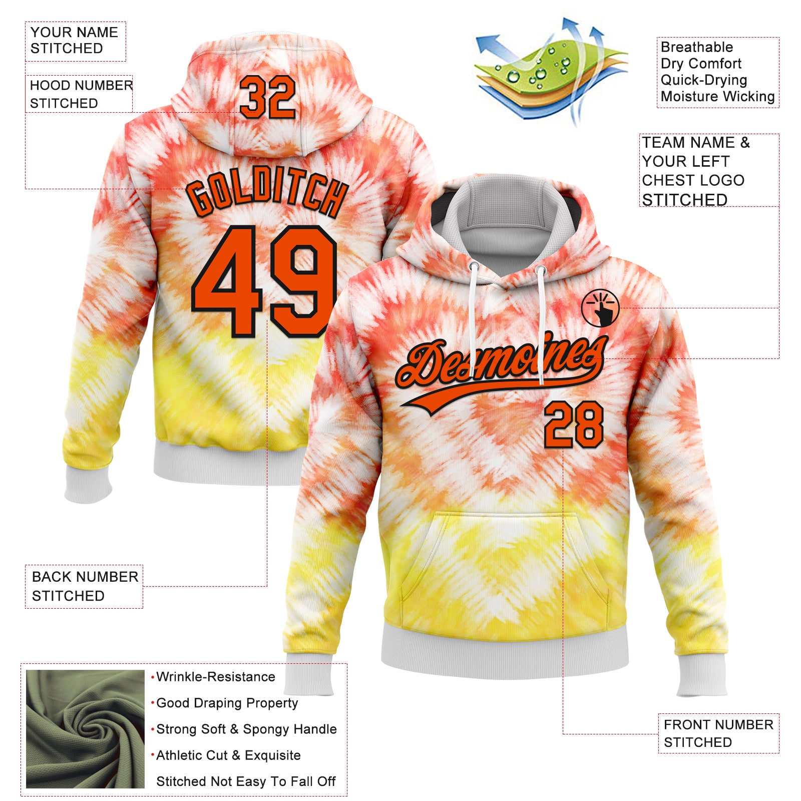 Custom Stitched Tie Dye Orange-Black 3D Sports Pullover Sweatshirt Hoodie