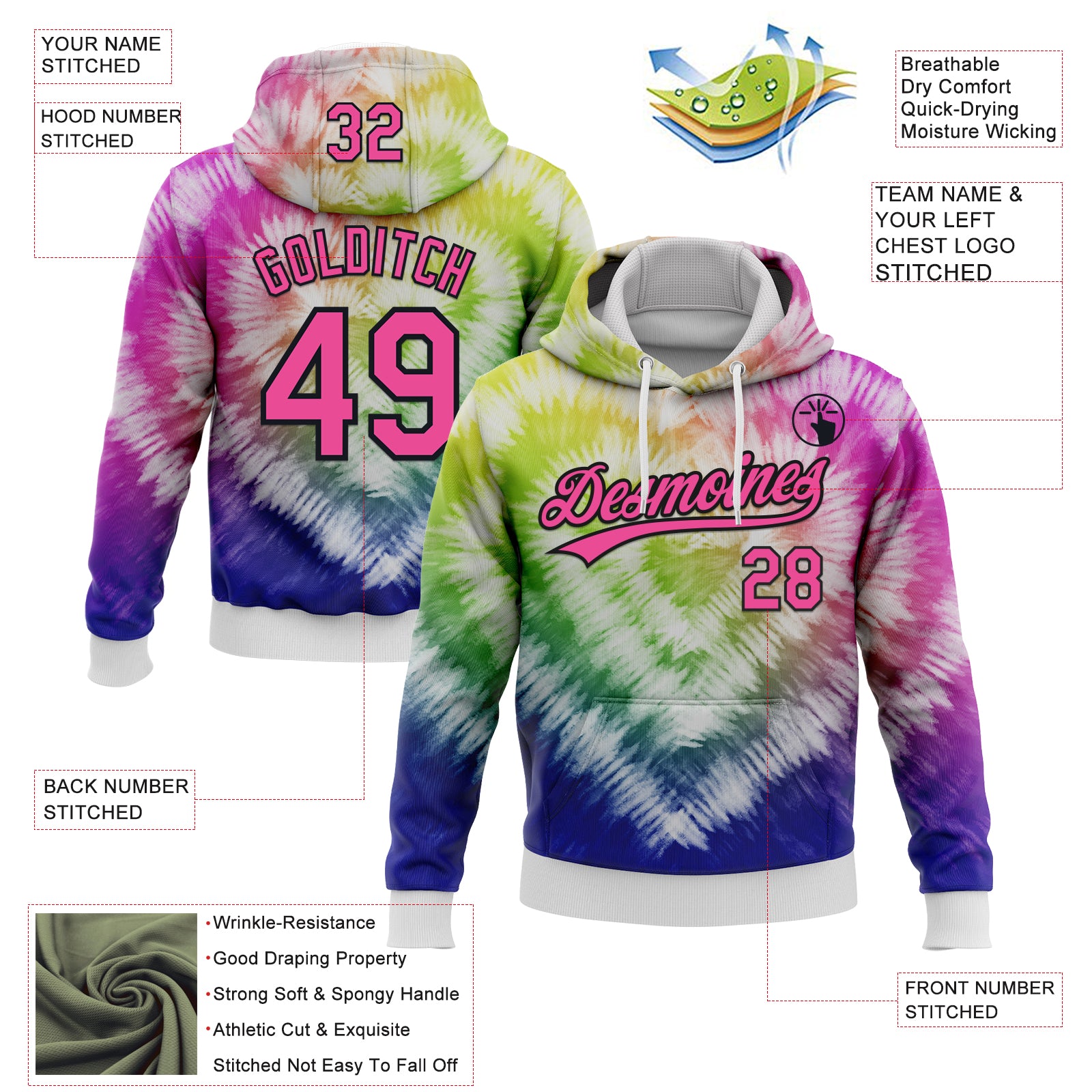 Custom Stitched Tie Dye Pink-Black 3D Sports Pullover Sweatshirt Hoodie