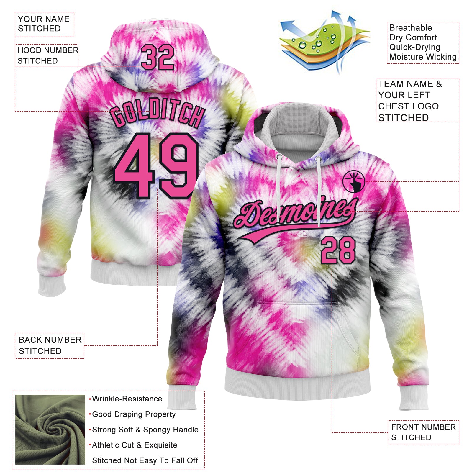 Custom Stitched Tie Dye Pink-Black 3D Sports Pullover Sweatshirt Hoodie