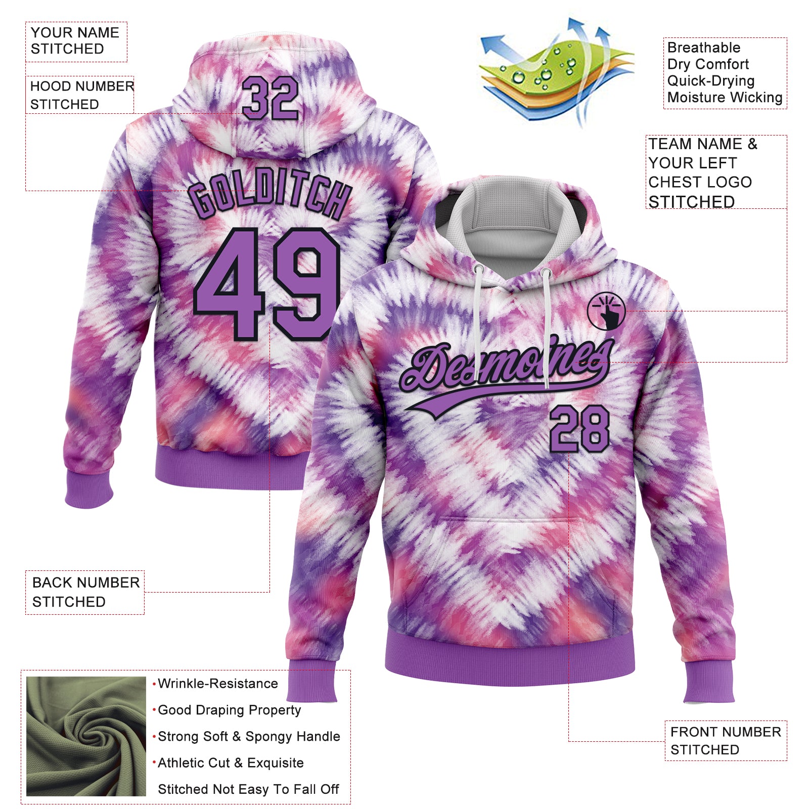 Custom Stitched Tie Dye Medium Purple-Black 3D Sports Pullover Sweatshirt Hoodie