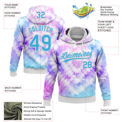Custom Stitched Tie Dye Sky Blue-White 3D Sports Pullover Sweatshirt Hoodie