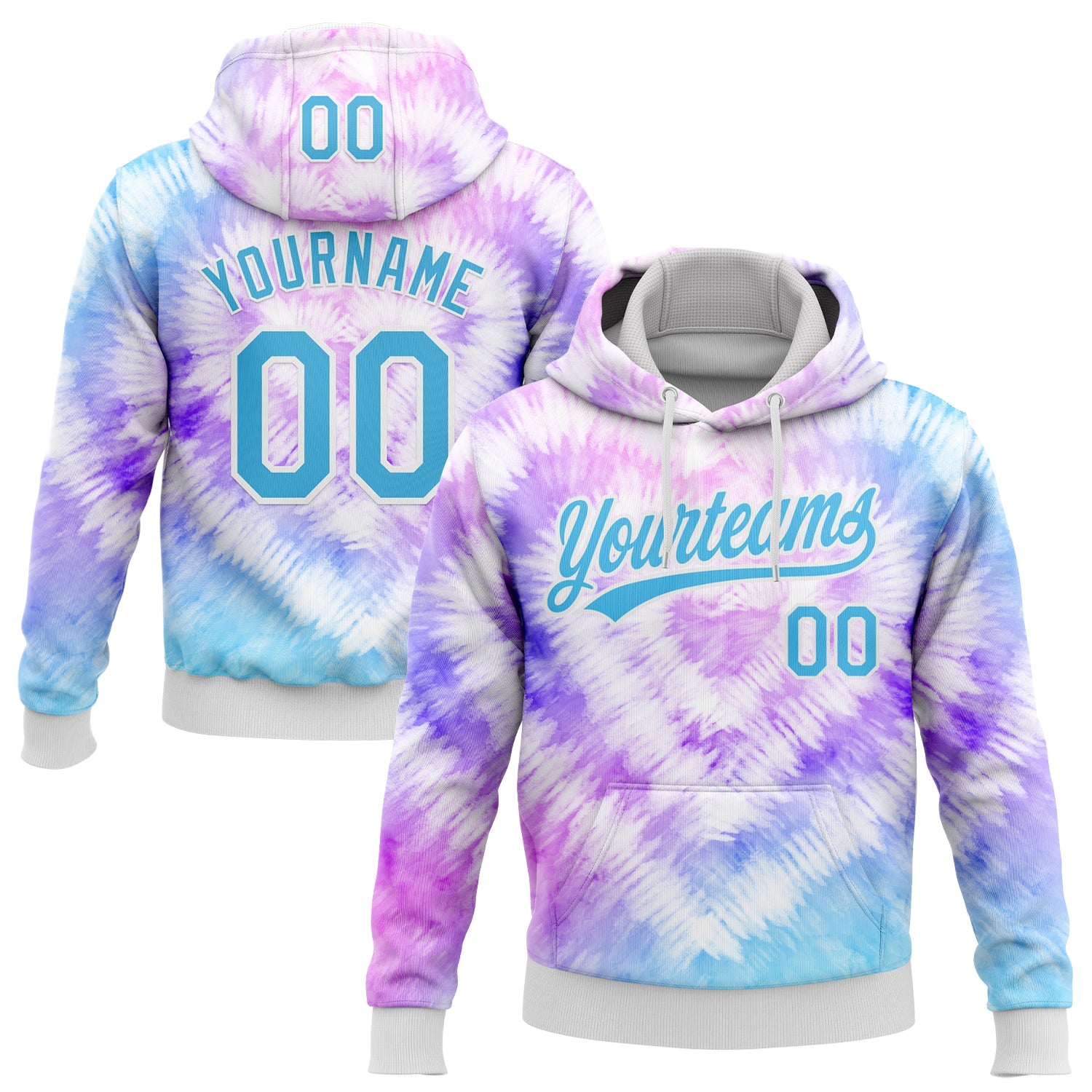 Custom Stitched Tie Dye Sky Blue-White 3D Sports Pullover Sweatshirt Hoodie