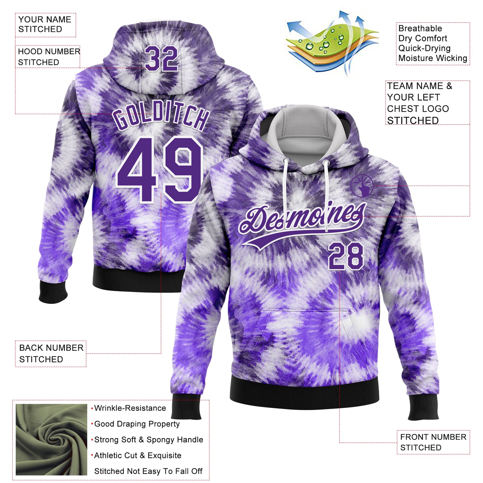 Custom Stitched Tie Dye Purple-White 3D Sports Pullover Sweatshirt Hoodie