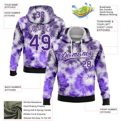 Custom Stitched Tie Dye Purple-White 3D Sports Pullover Sweatshirt Hoodie