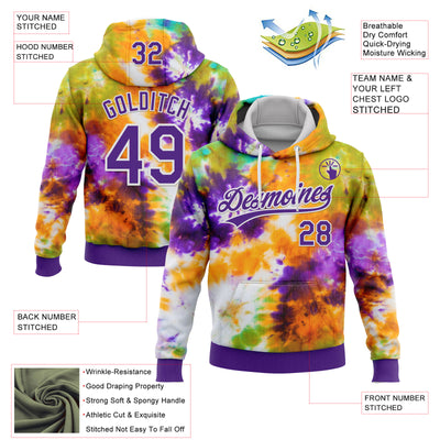 Custom Stitched Tie Dye Purple-White 3D Sports Pullover Sweatshirt Hoodie