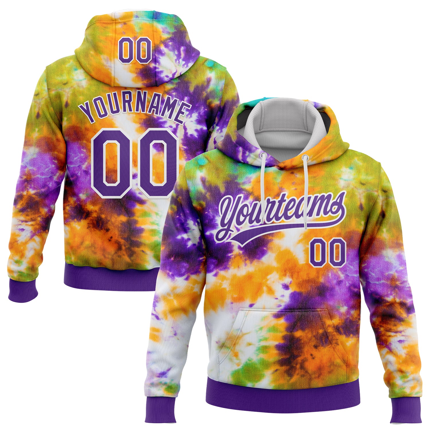 Custom Stitched Tie Dye Purple-White 3D Sports Pullover Sweatshirt Hoodie