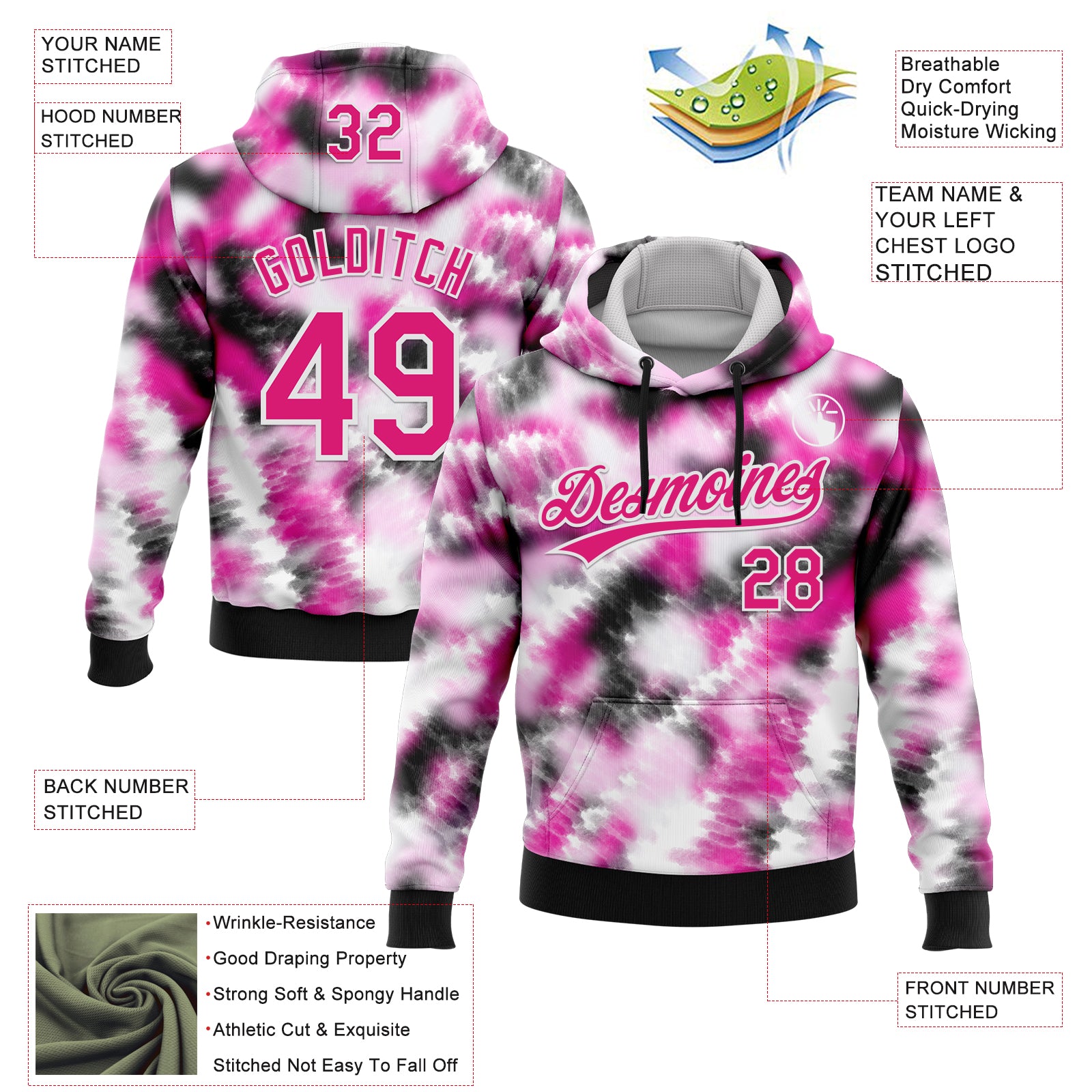Custom Stitched Tie Dye Hot Pink-White 3D Sports Pullover Sweatshirt Hoodie