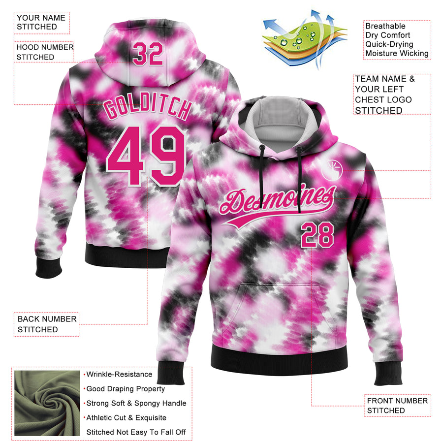 Custom Stitched Tie Dye Hot Pink-White 3D Sports Pullover Sweatshirt Hoodie