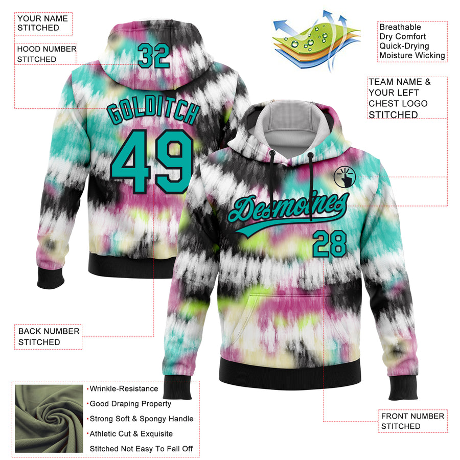 Custom Stitched Tie Dye Aqua-Black 3D Sports Pullover Sweatshirt Hoodie