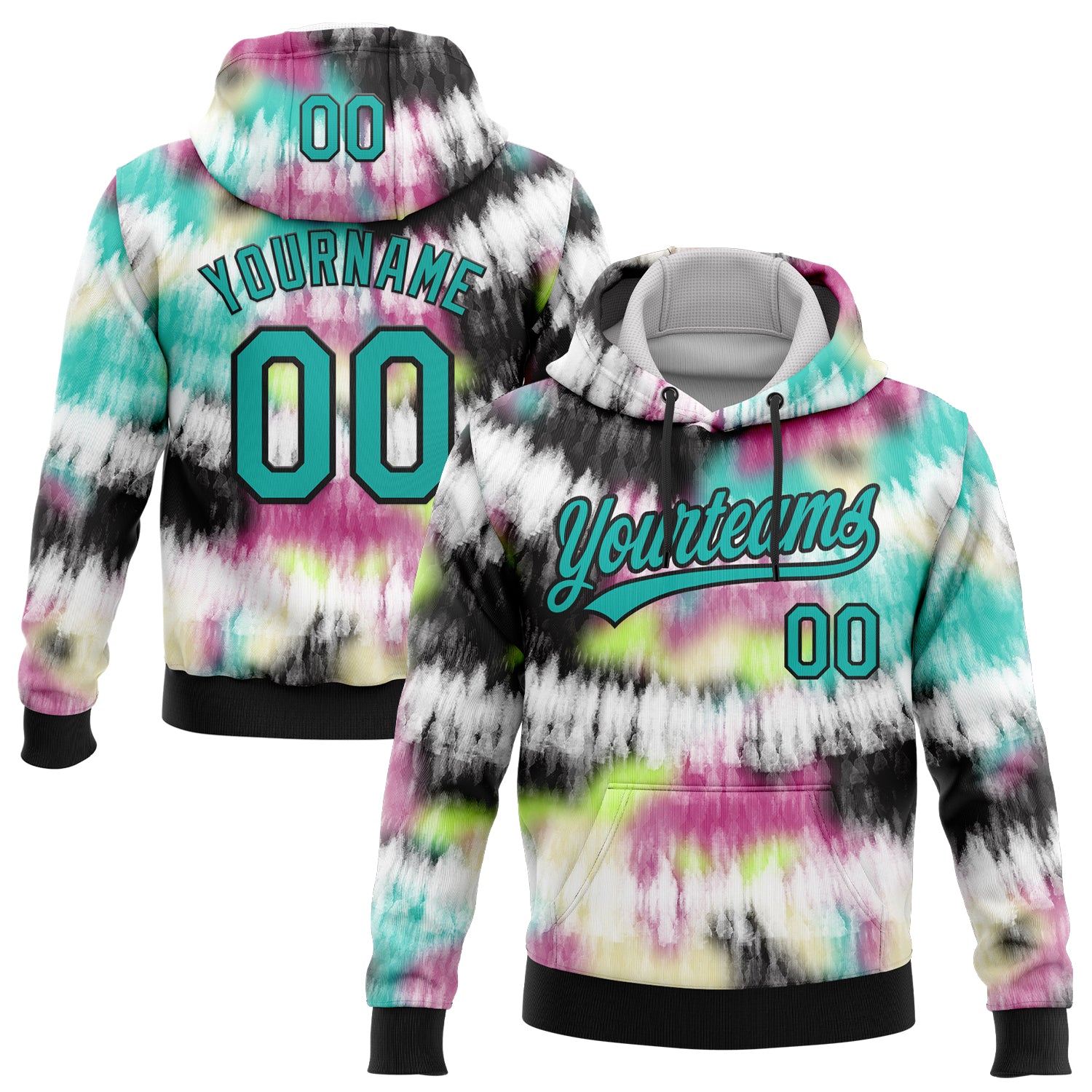 Custom Stitched Tie Dye Aqua-Black 3D Sports Pullover Sweatshirt Hoodie