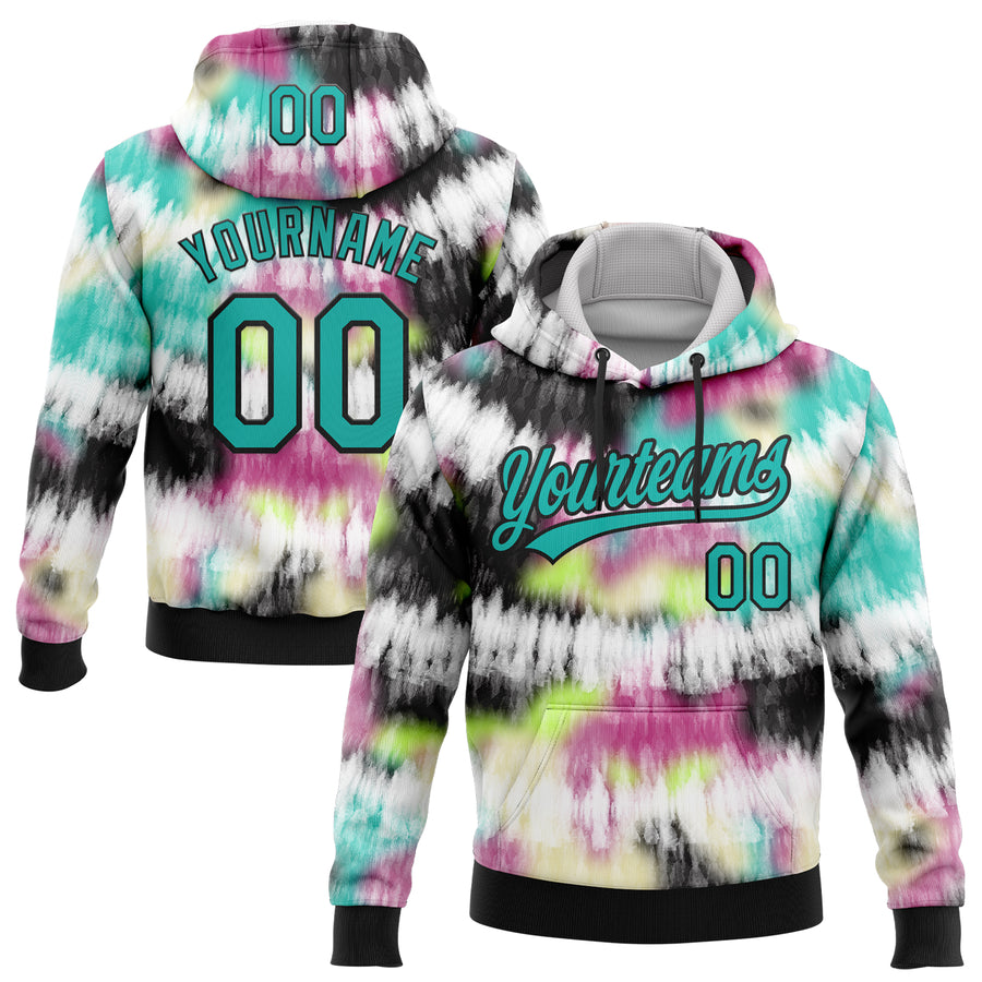 Custom Stitched Tie Dye Aqua-Black 3D Sports Pullover Sweatshirt Hoodie