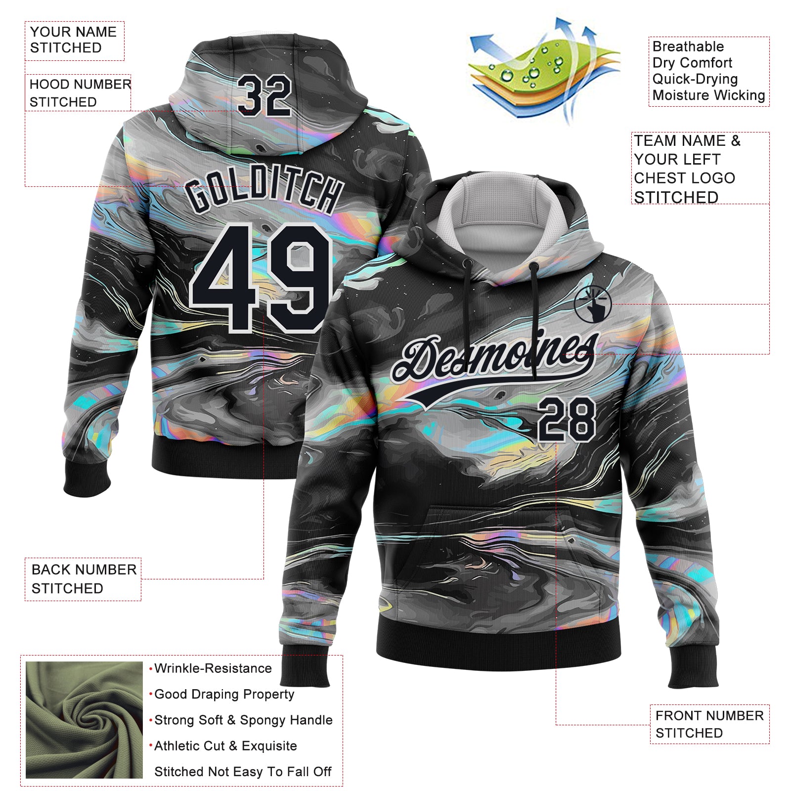 Custom Stitched Black White 3D Pattern Design Abstract Psychedelic Fluid Art Sports Pullover Sweatshirt Hoodie