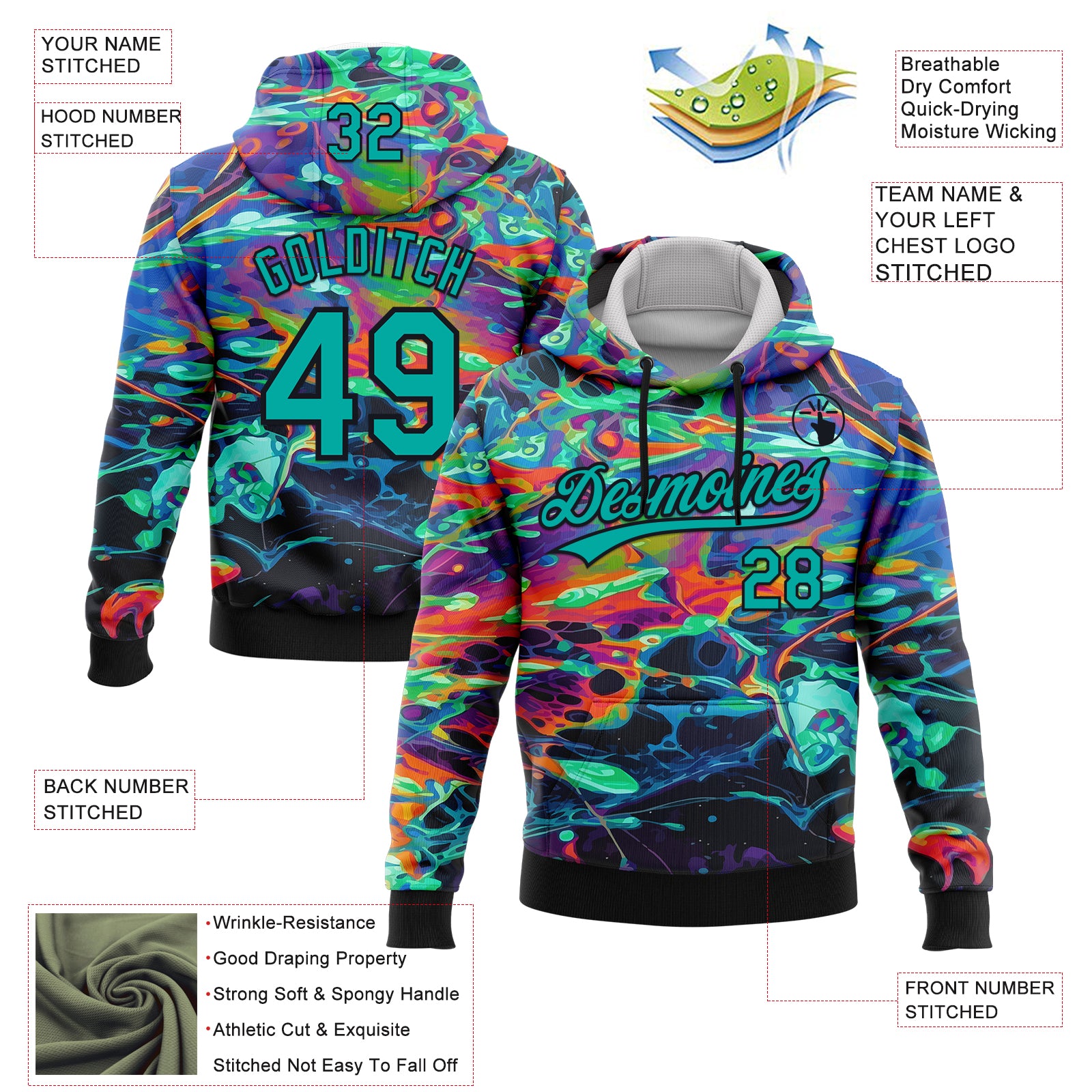 Custom Stitched Black Aqua 3D Pattern Design Abstract Psychedelic Fluid Art Sports Pullover Sweatshirt Hoodie