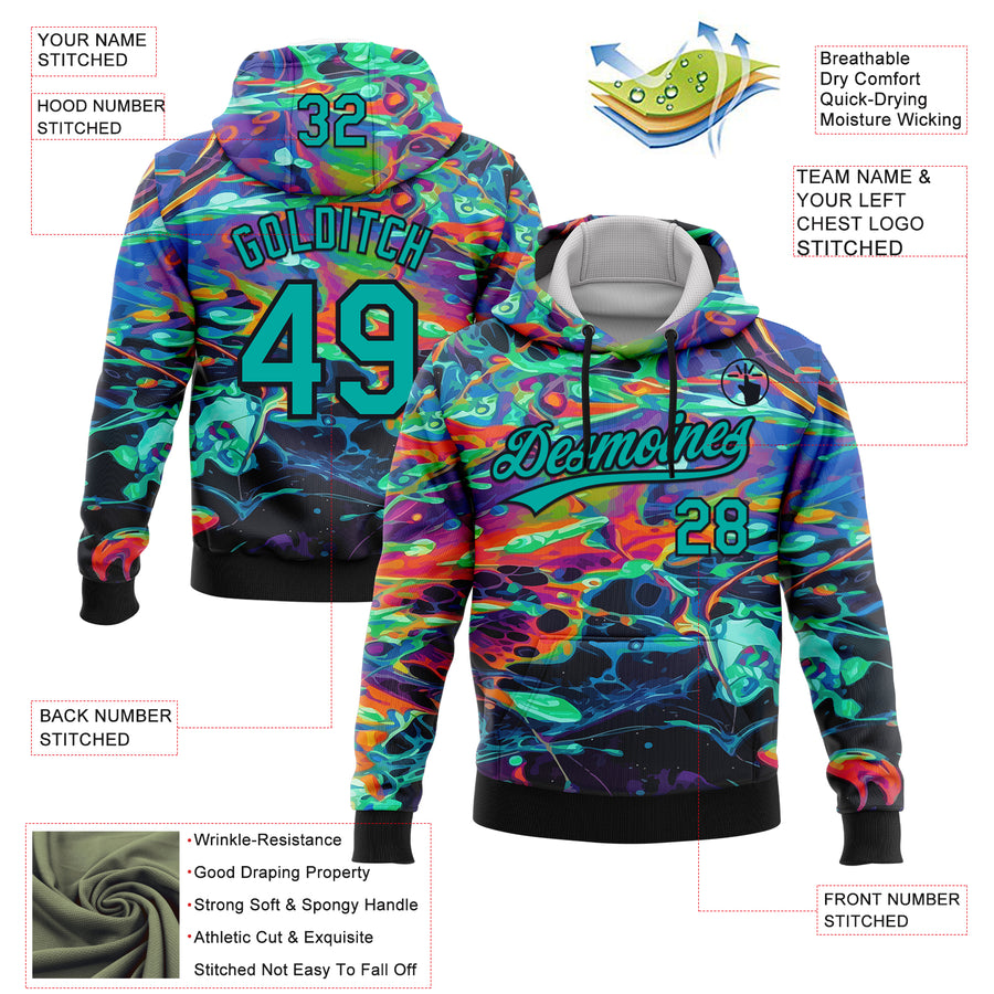 Custom Stitched Black Aqua 3D Pattern Design Abstract Psychedelic Fluid Art Sports Pullover Sweatshirt Hoodie