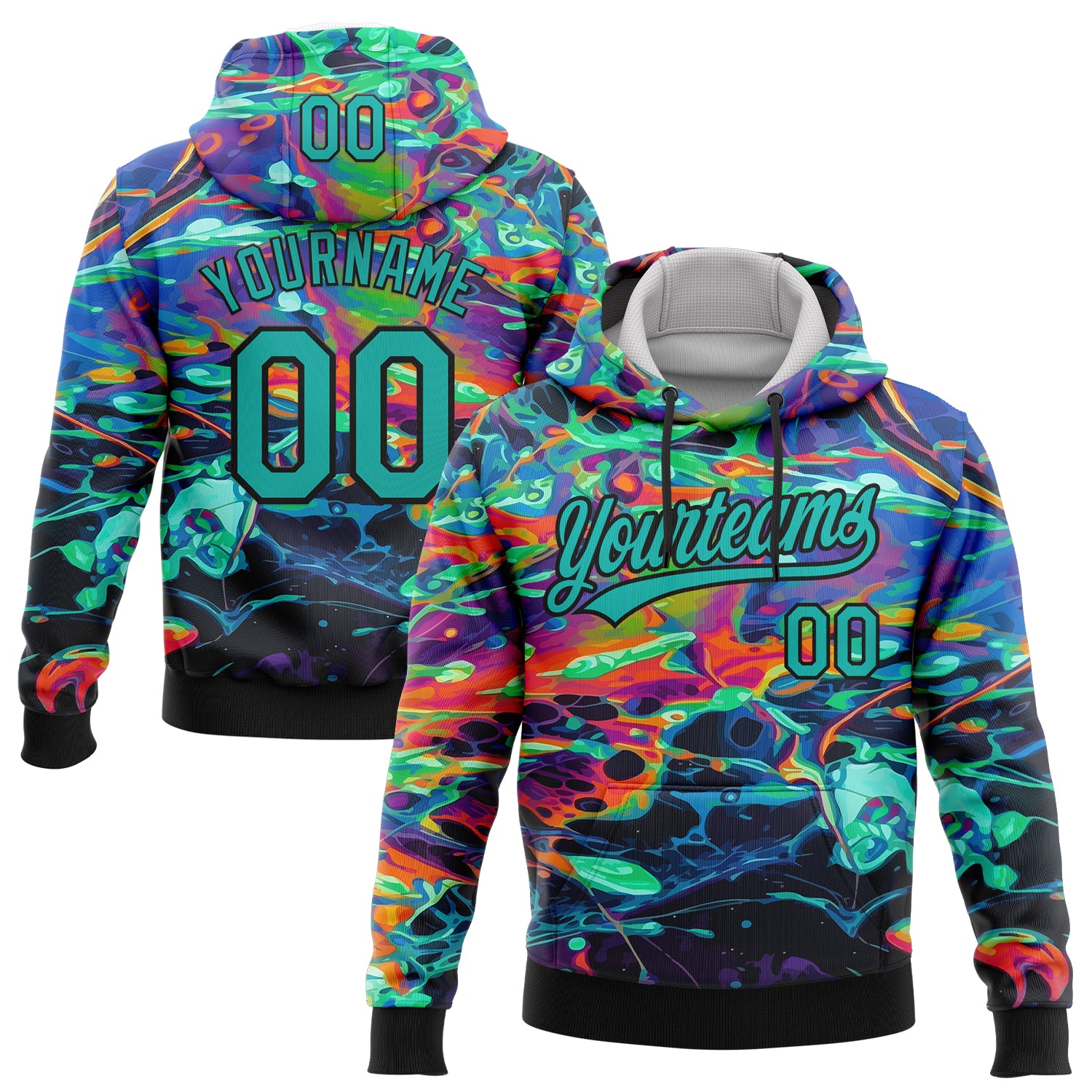 Custom Stitched Black Aqua 3D Pattern Design Abstract Psychedelic Fluid Art Sports Pullover Sweatshirt Hoodie