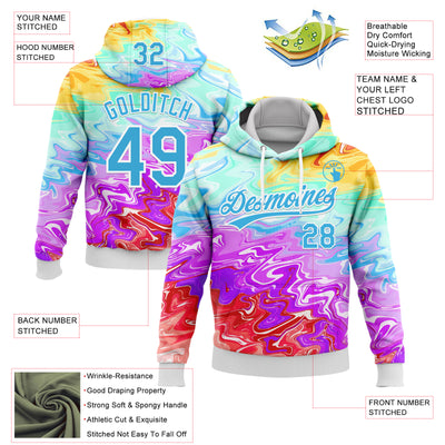 Custom Stitched White Sky Blue 3D Pattern Design Abstract Psychedelic Fluid Art Sports Pullover Sweatshirt Hoodie