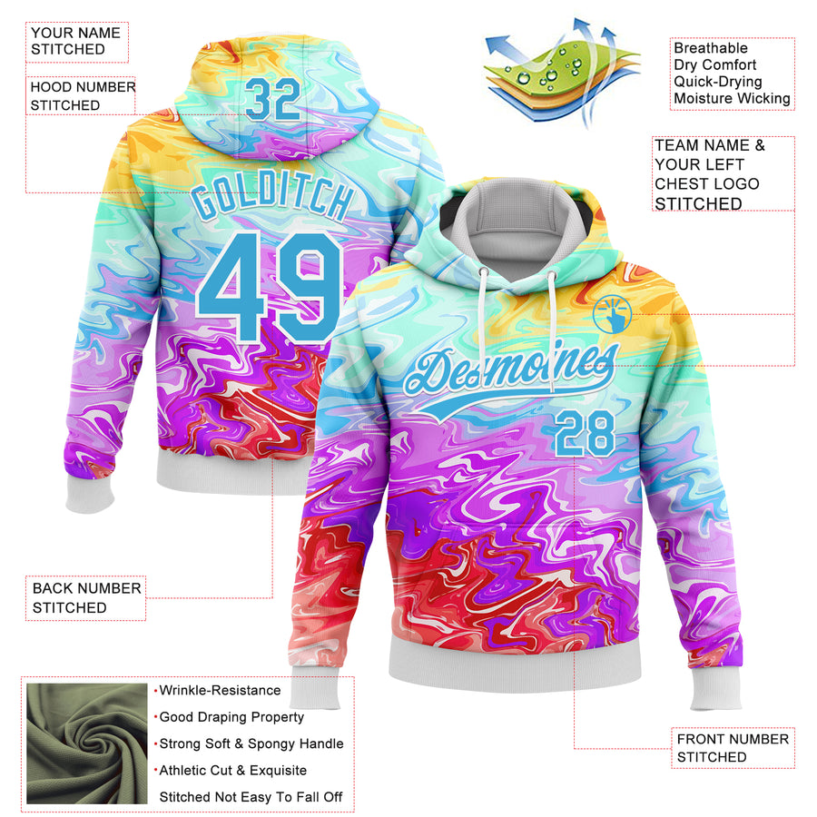 Custom Stitched White Sky Blue 3D Pattern Design Abstract Psychedelic Fluid Art Sports Pullover Sweatshirt Hoodie