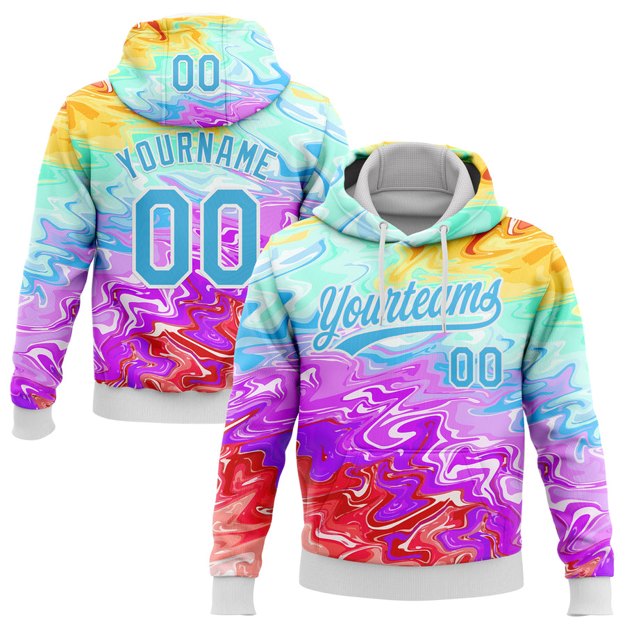 Custom Stitched White Sky Blue 3D Pattern Design Abstract Psychedelic Fluid Art Sports Pullover Sweatshirt Hoodie