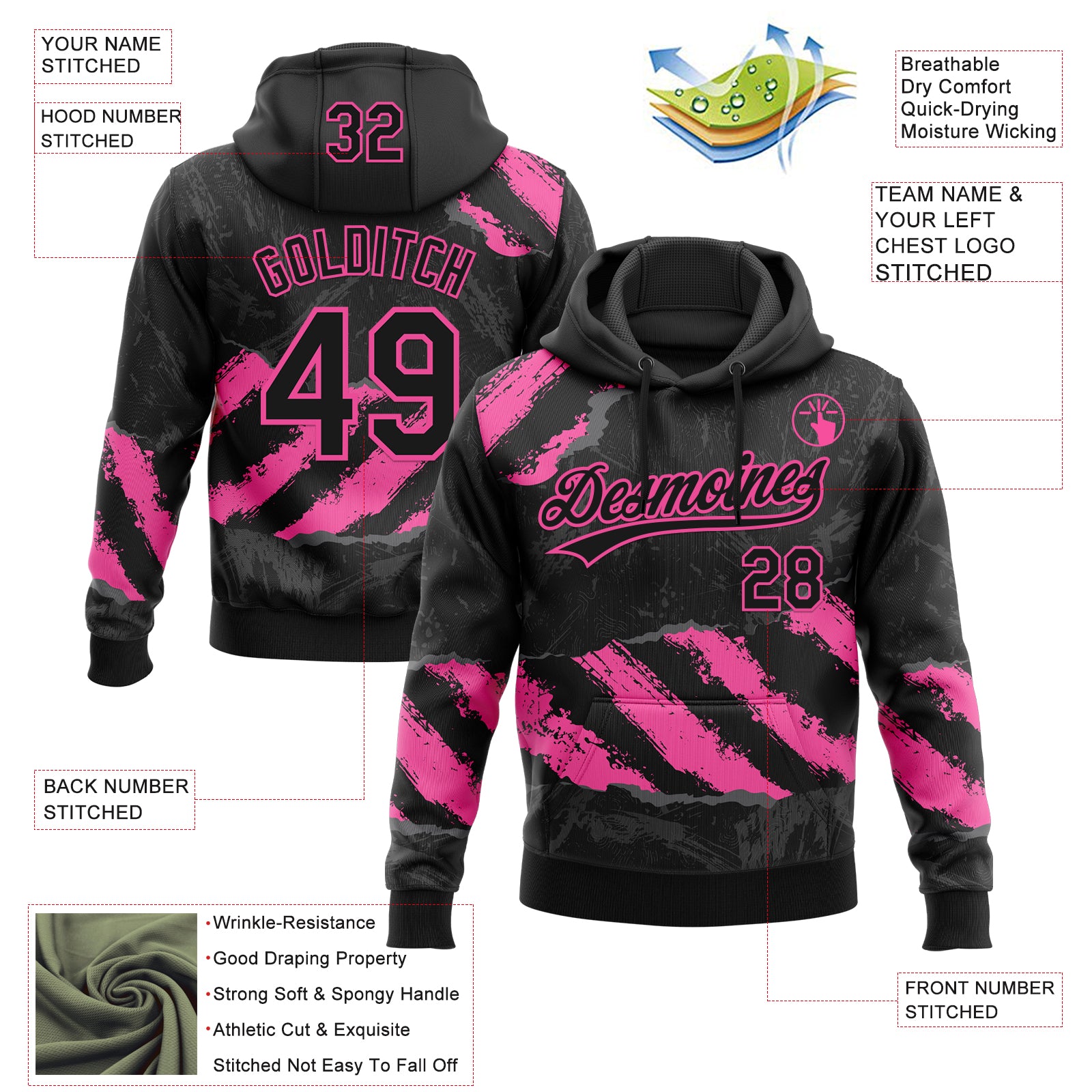 Custom Stitched Black Pink-Steel Gray 3D Pattern Design Splash Sports Pullover Sweatshirt Hoodie
