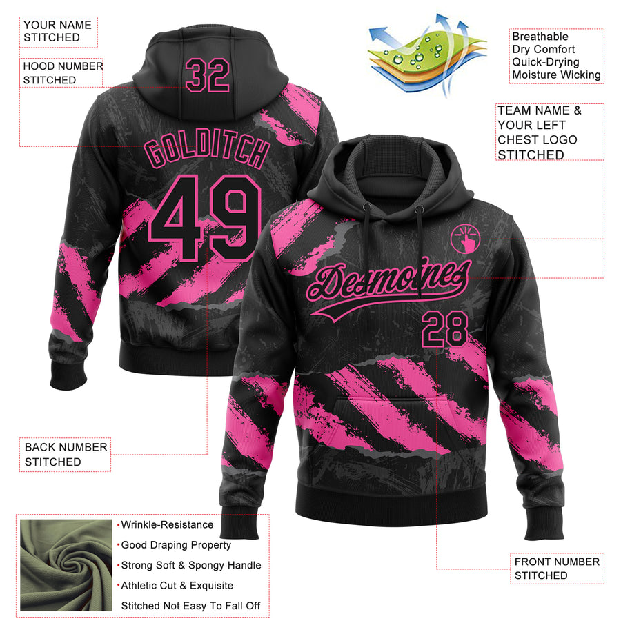 Custom Stitched Black Pink-Steel Gray 3D Pattern Design Splash Sports Pullover Sweatshirt Hoodie