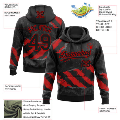 Custom Stitched Black Red-Steel Gray 3D Pattern Design Splash Sports Pullover Sweatshirt Hoodie