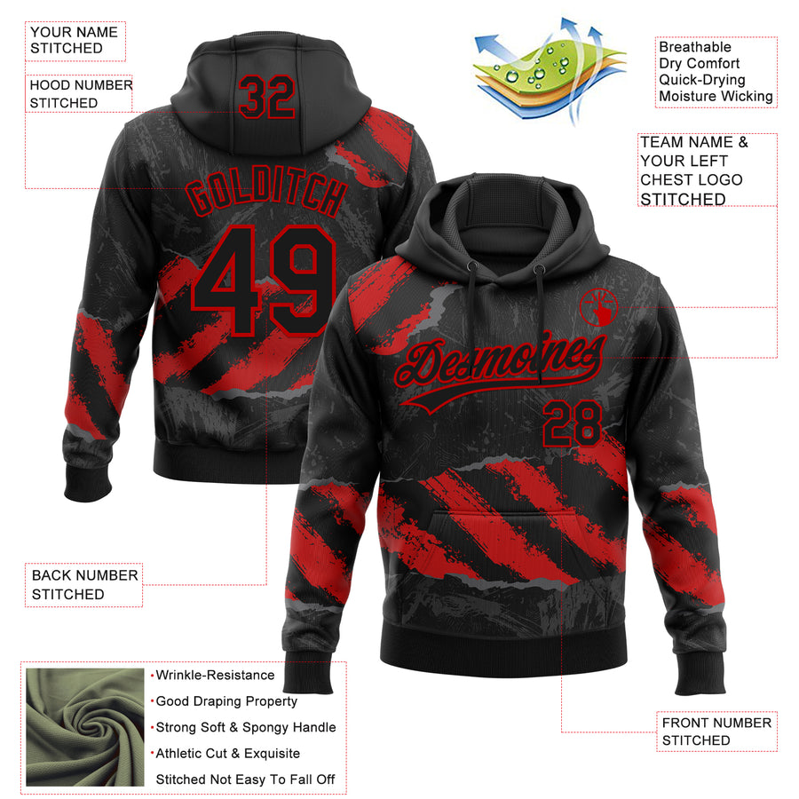Custom Stitched Black Red-Steel Gray 3D Pattern Design Splash Sports Pullover Sweatshirt Hoodie