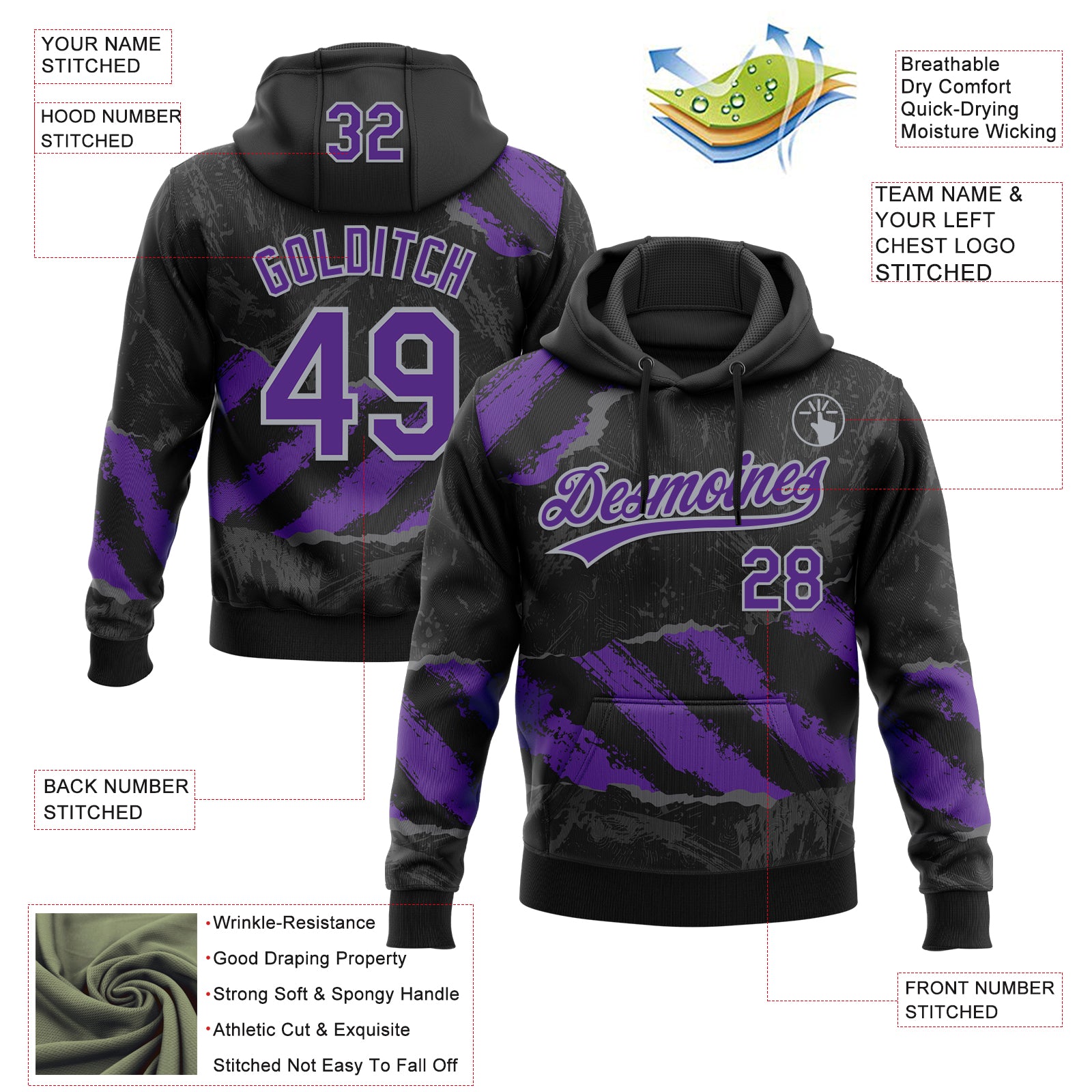 Custom Stitched Black Purple Gray-Steel Gray 3D Pattern Design Splash Sports Pullover Sweatshirt Hoodie