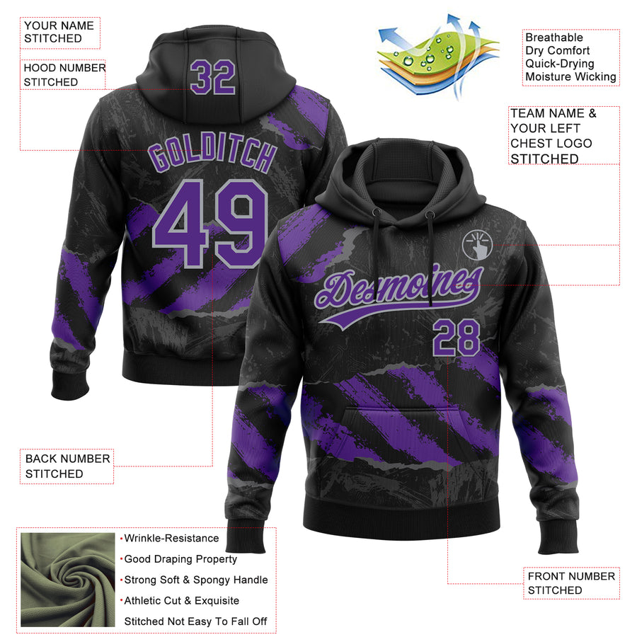 Custom Stitched Black Purple Gray-Steel Gray 3D Pattern Design Splash Sports Pullover Sweatshirt Hoodie