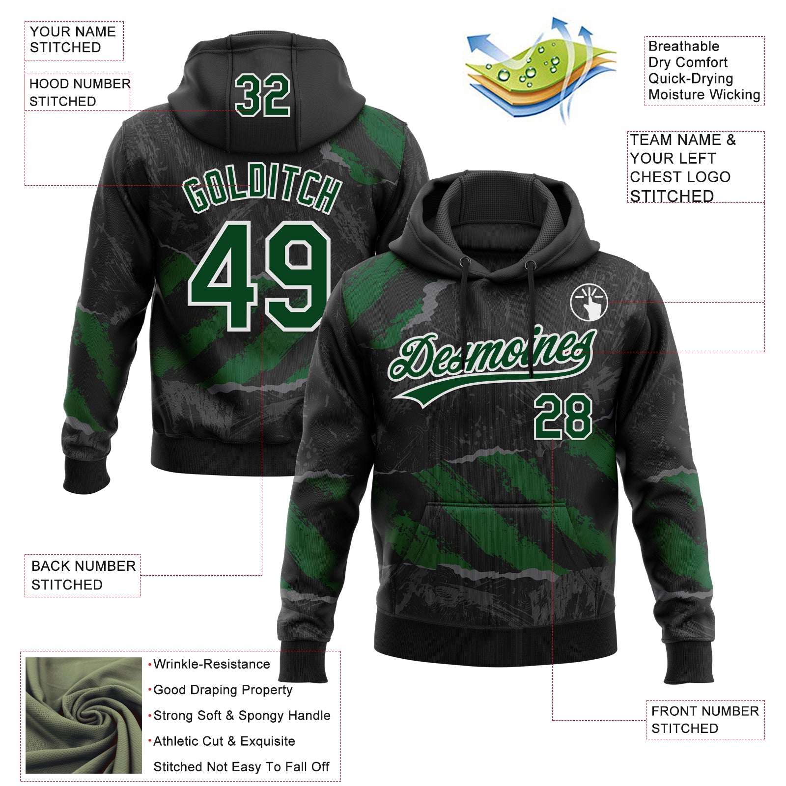 Custom Stitched Black Green Steel Gray-White 3D Pattern Design Splash Sports Pullover Sweatshirt Hoodie