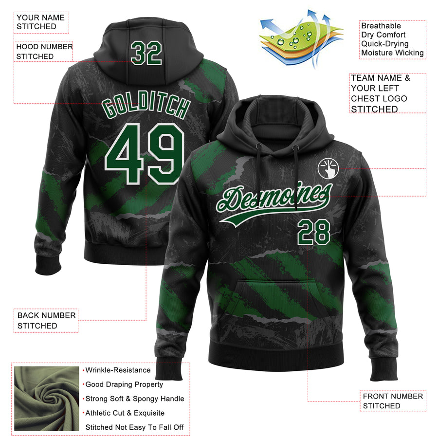 Custom Stitched Black Green Steel Gray-White 3D Pattern Design Splash Sports Pullover Sweatshirt Hoodie