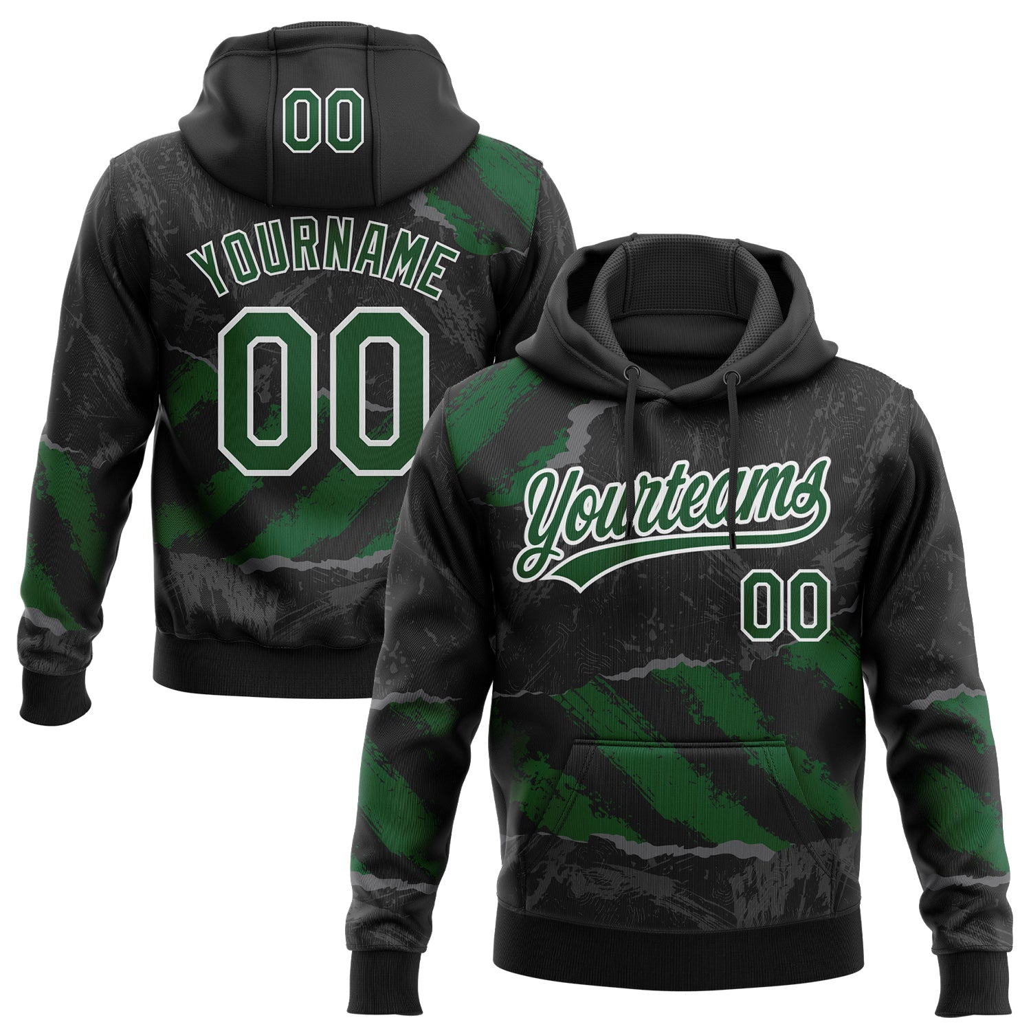 Custom Stitched Black Green Steel Gray-White 3D Pattern Design Splash Sports Pullover Sweatshirt Hoodie