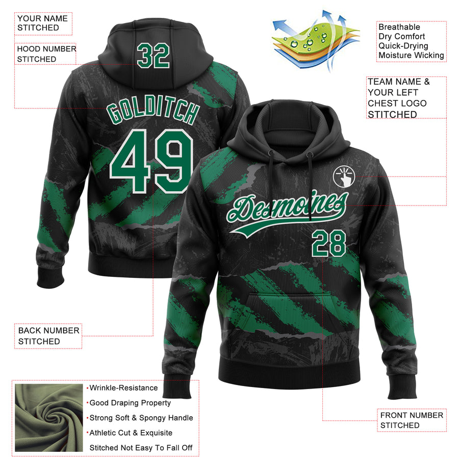 Custom Stitched Black Kelly Green Steel Gray-White 3D Pattern Design Splash Sports Pullover Sweatshirt Hoodie